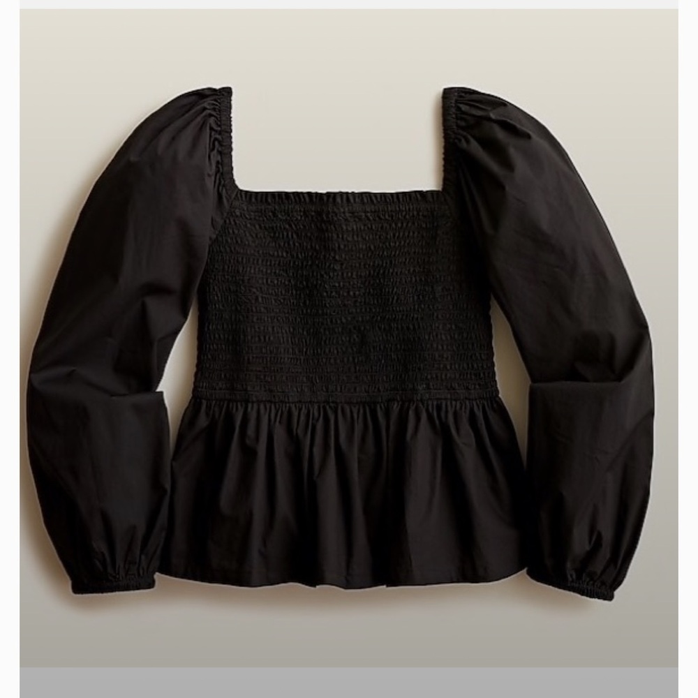 J. Crew Black Smocked Square-Neck Peplum Top Poplin Cotton SZ S EUC